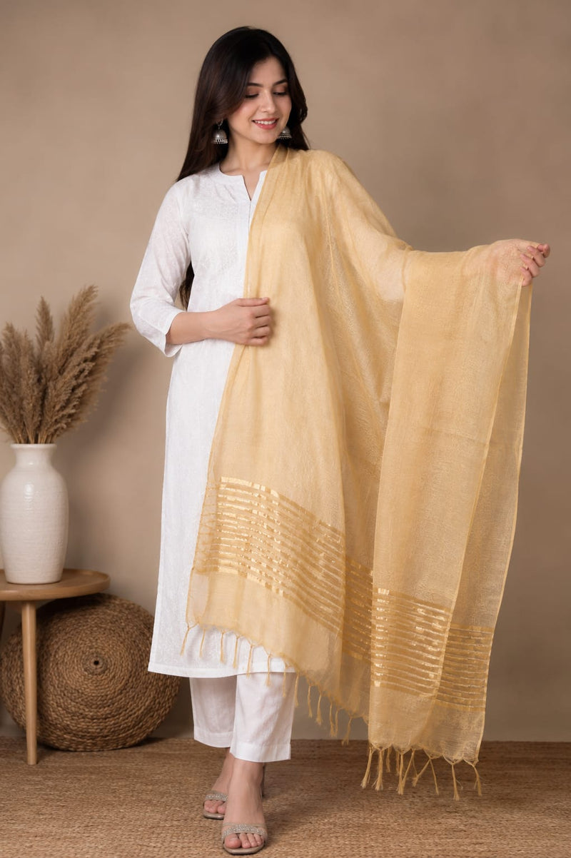 Beige Chanderi Silk Striped Border Dupatta with Tassels