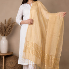 Beige Chanderi Silk Striped Border Dupatta with Tassels
