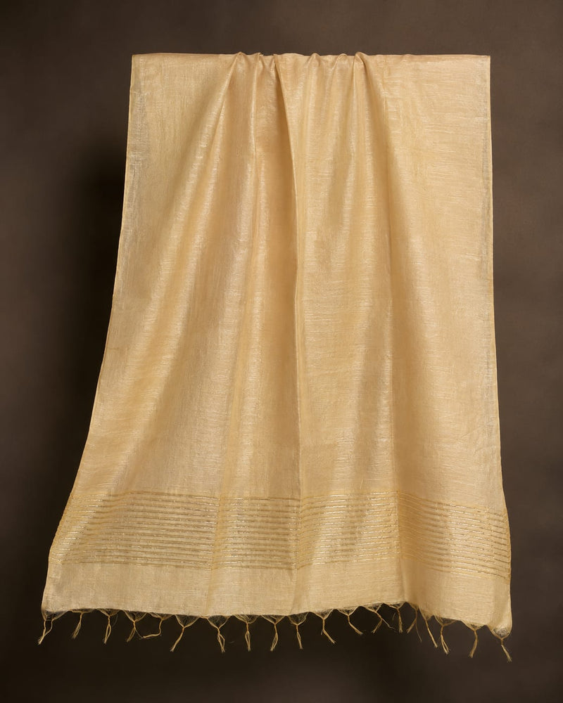 Beige Chanderi Silk Striped Border Dupatta with Tassels