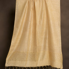 Beige Chanderi Silk Striped Border Dupatta with Tassels