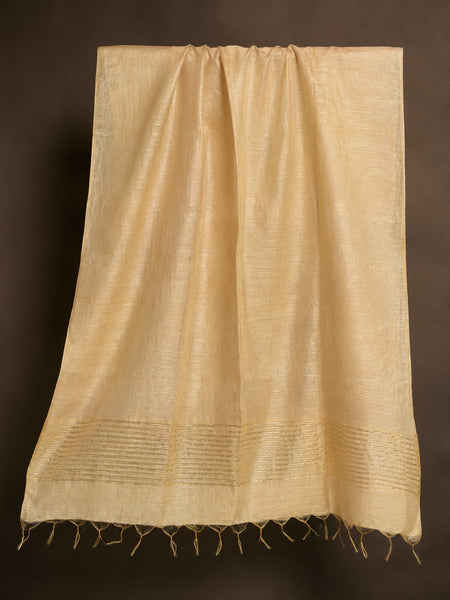 Beige Chanderi Silk Striped Border Dupatta with Tassels