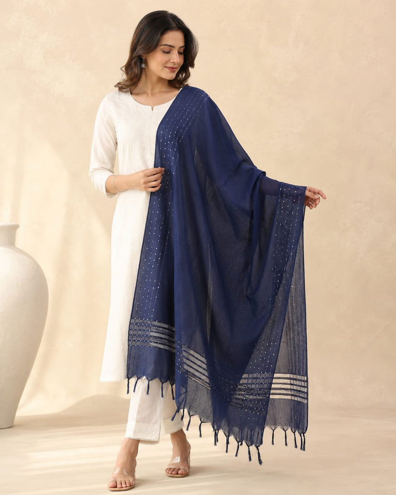 Navy Blue Chanderi Silk Sequin Work Dupatta with Striped Border and Tassels