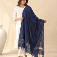 Navy Blue Chanderi Silk Sequin Work Dupatta with Striped Border and Tassels