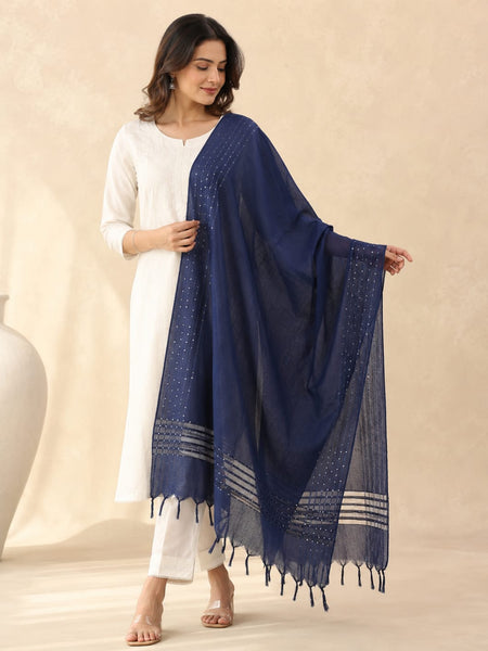 Navy Blue Chanderi Silk Sequin Work Dupatta with Striped Border and Tassels