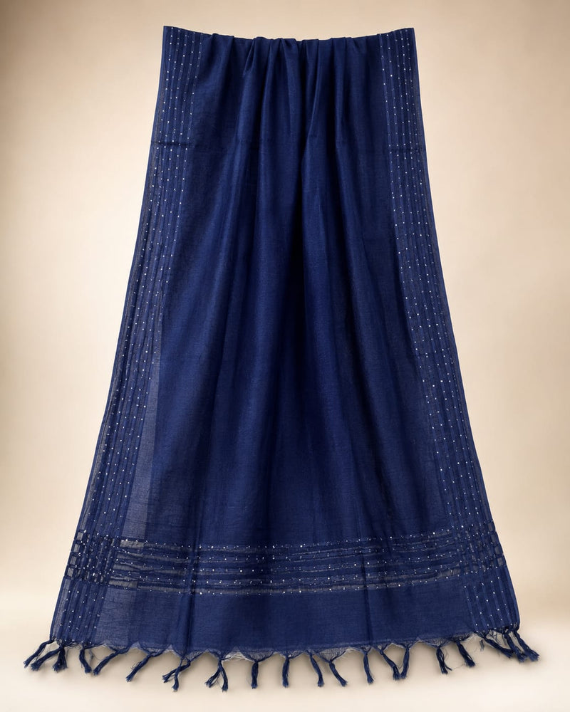 Navy Blue Chanderi Silk Sequin Work Dupatta with Striped Border and Tassels