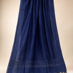 Navy Blue Chanderi Silk Sequin Work Dupatta with Striped Border and Tassels