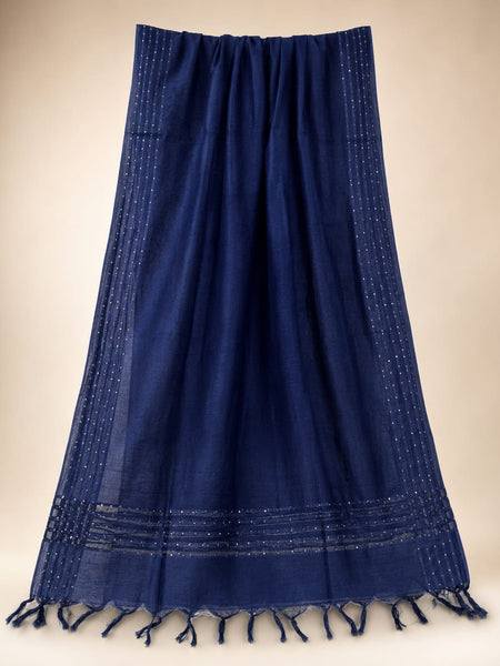 Navy Blue Chanderi Silk Sequin Work Dupatta with Striped Border and Tassels