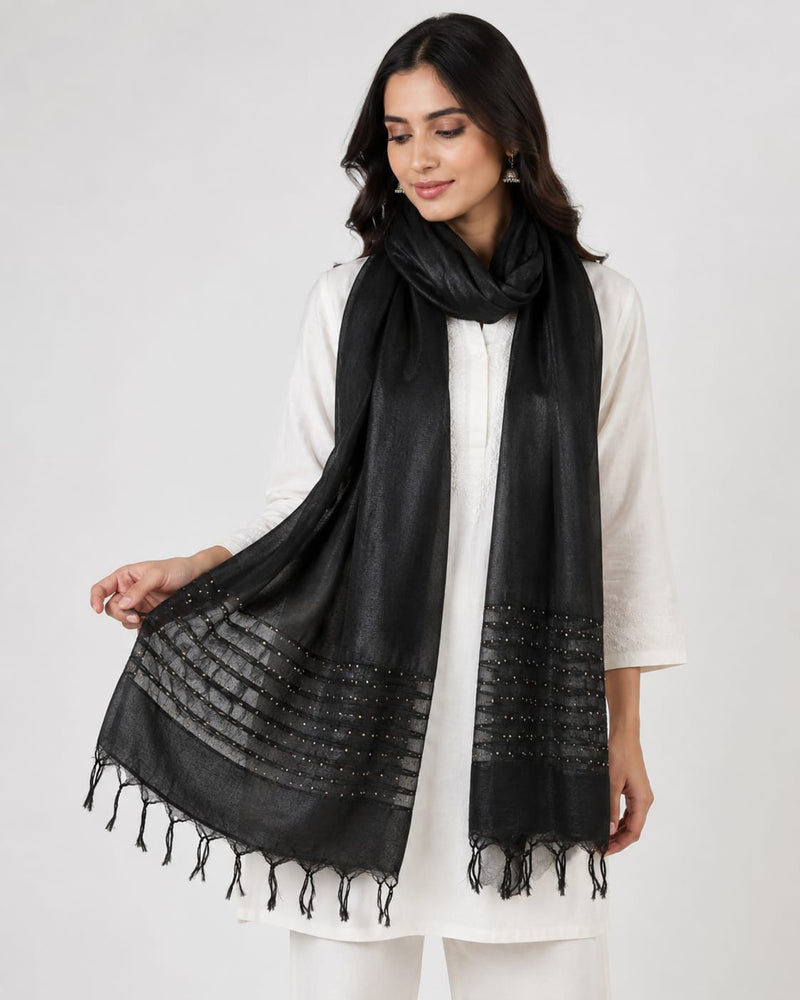 Black Chanderi Silk Sequence Work Dupatta with Tassels for Women