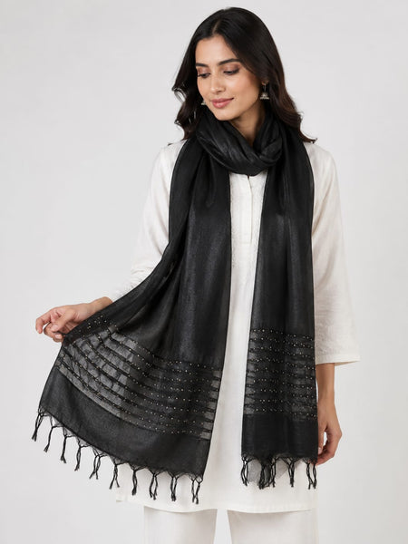 Black Chanderi Silk Sequence Work Dupatta with Tassels for Women