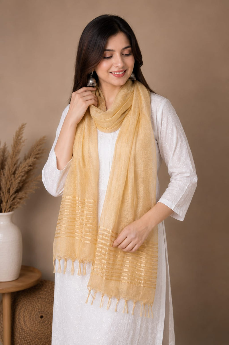 Beige Chanderi Silk Striped Border Dupatta with Tassels