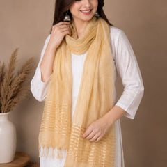 Beige Chanderi Silk Striped Border Dupatta with Tassels