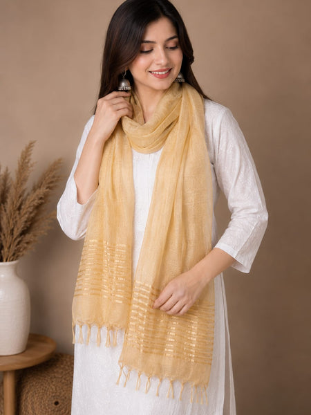 Beige Chanderi Silk Striped Border Dupatta with Tassels