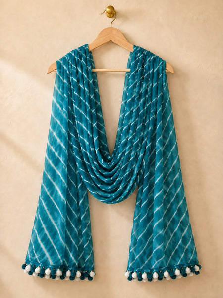 Chiffon Leheriya Printed Dupatta with Pom Pom Lace