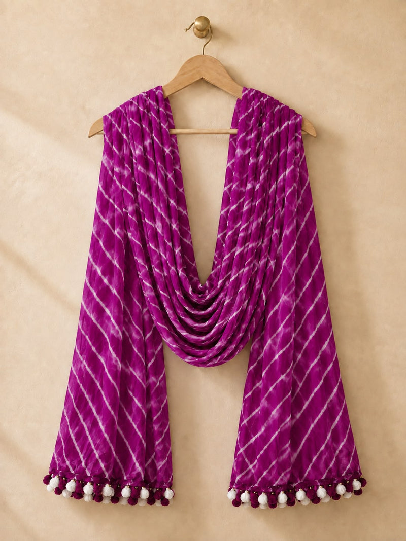 Chiffon Leheriya Printed Dupatta with Pom Pom Lace
