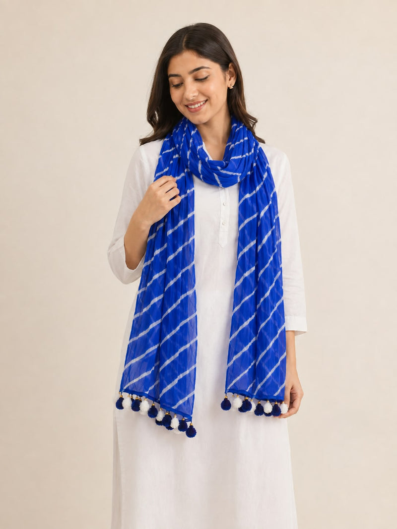 Chiffon Leheriya Printed Dupatta with Pom Pom Lace
