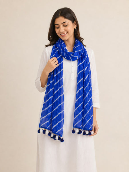Chiffon Leheriya Printed Dupatta with Pom Pom Lace