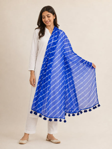 Chiffon Leheriya Printed Dupatta with Pom Pom Lace