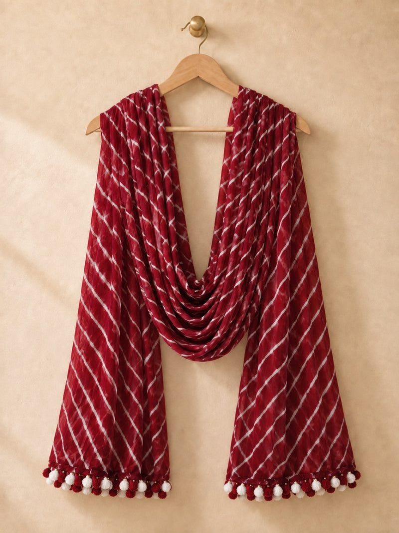 Chiffon Leheriya Printed Dupatta with Pom Pom Lace |