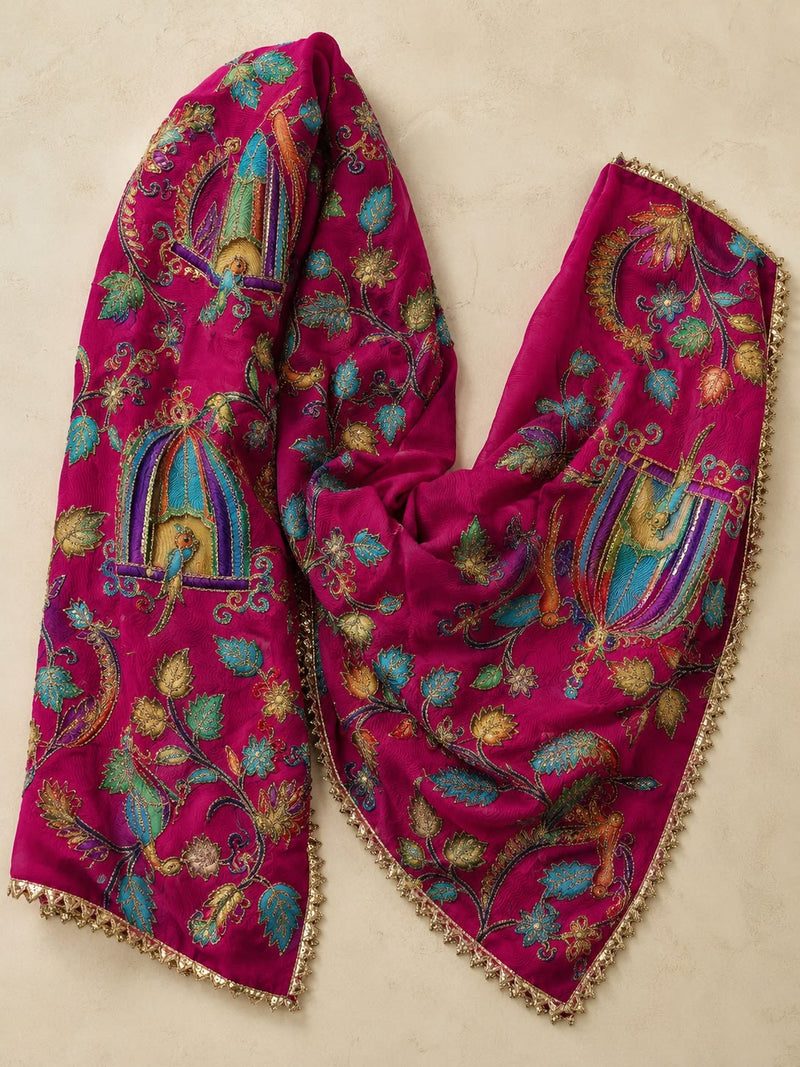 Women’s Art Silk Bird Printed Dupatta with Zari and Sequin Work | Traditional Rajwadi Style Festive Dupatta