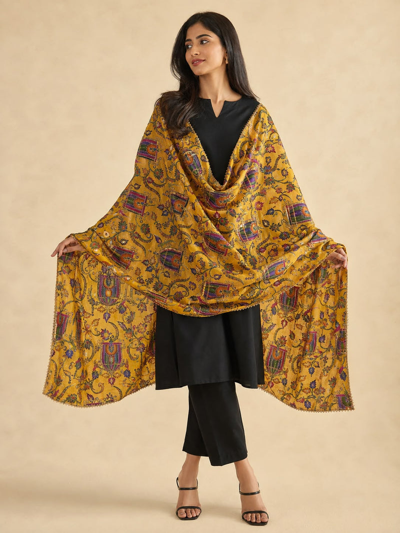 Women’s Art Silk Bird Printed Dupatta with Zari and Sequin Work | Traditional Rajwadi Style Festive Dupatta