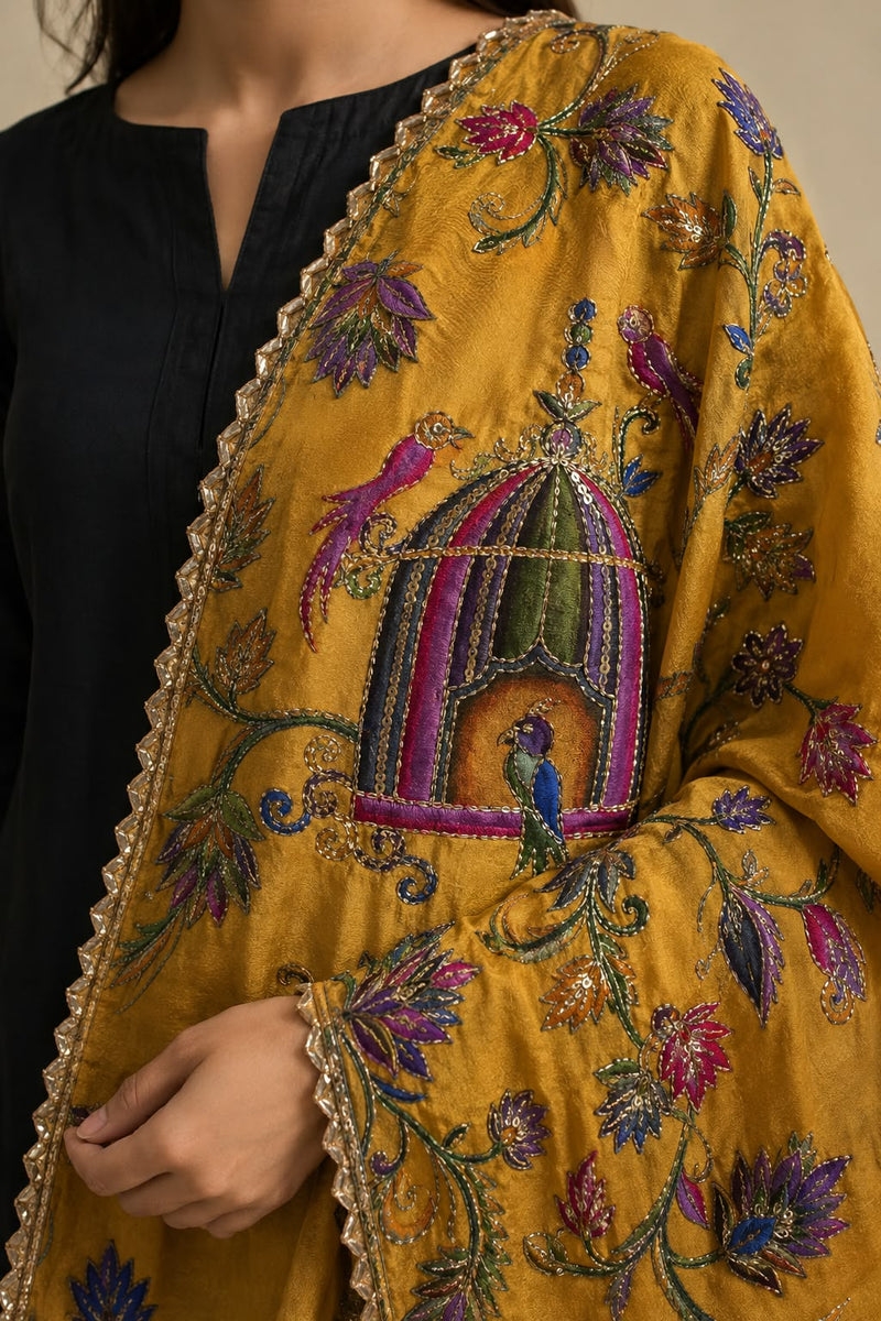 Women’s Art Silk Bird Printed Dupatta with Zari and Sequin Work | Traditional Rajwadi Style Festive Dupatta