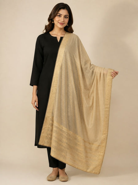 Women’s Beige Chanderi Cotton Dupatta with Golden Zari Border | Traditional Ethnic Dupatta for Festive & Wedding Wear