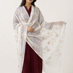 Women’s White Malmal Cotton Dupatta with Multicolor Floral Thread Work | Soft Lightweight Embroidered Dupatta