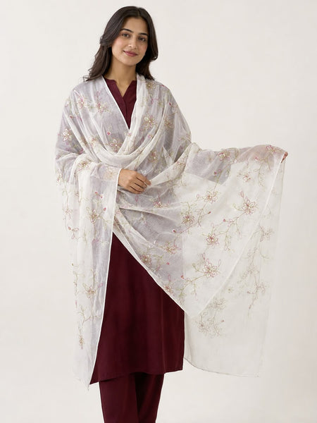 Women’s White Malmal Cotton Dupatta with Multicolor Floral Thread Work | Soft Lightweight Embroidered Dupatta