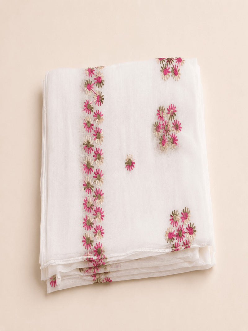 Women’s White Pure Cotton Malmal Dupatta with Multicolor Floral Thread Embroidery | Lightweight Ethnic Dupatta