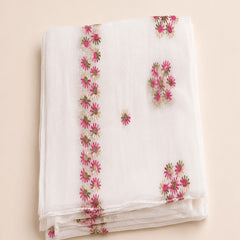 Women’s White Pure Cotton Malmal Dupatta with Multicolor Floral Thread Embroidery | Lightweight Ethnic Dupatta
