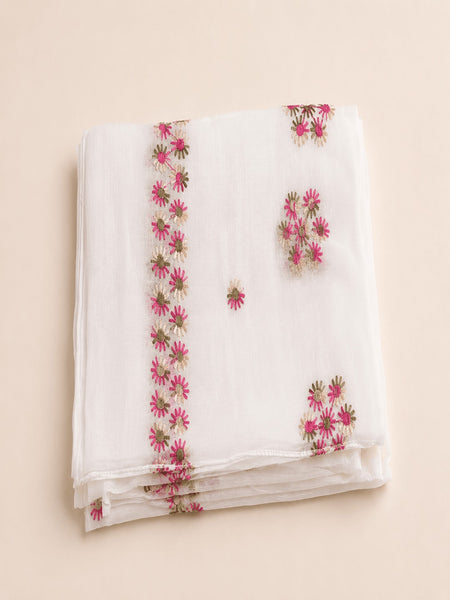 Women’s White Pure Cotton Malmal Dupatta with Multicolor Floral Thread Embroidery | Lightweight Ethnic Dupatta