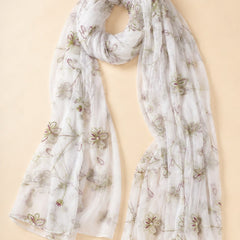 Women’s White Malmal Cotton Dupatta with Multicolor Floral Thread Work | Soft Lightweight Embroidered Dupatta