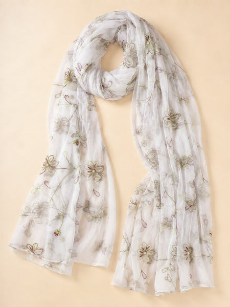 Women’s White Malmal Cotton Dupatta with Multicolor Floral Thread Work | Soft Lightweight Embroidered Dupatta