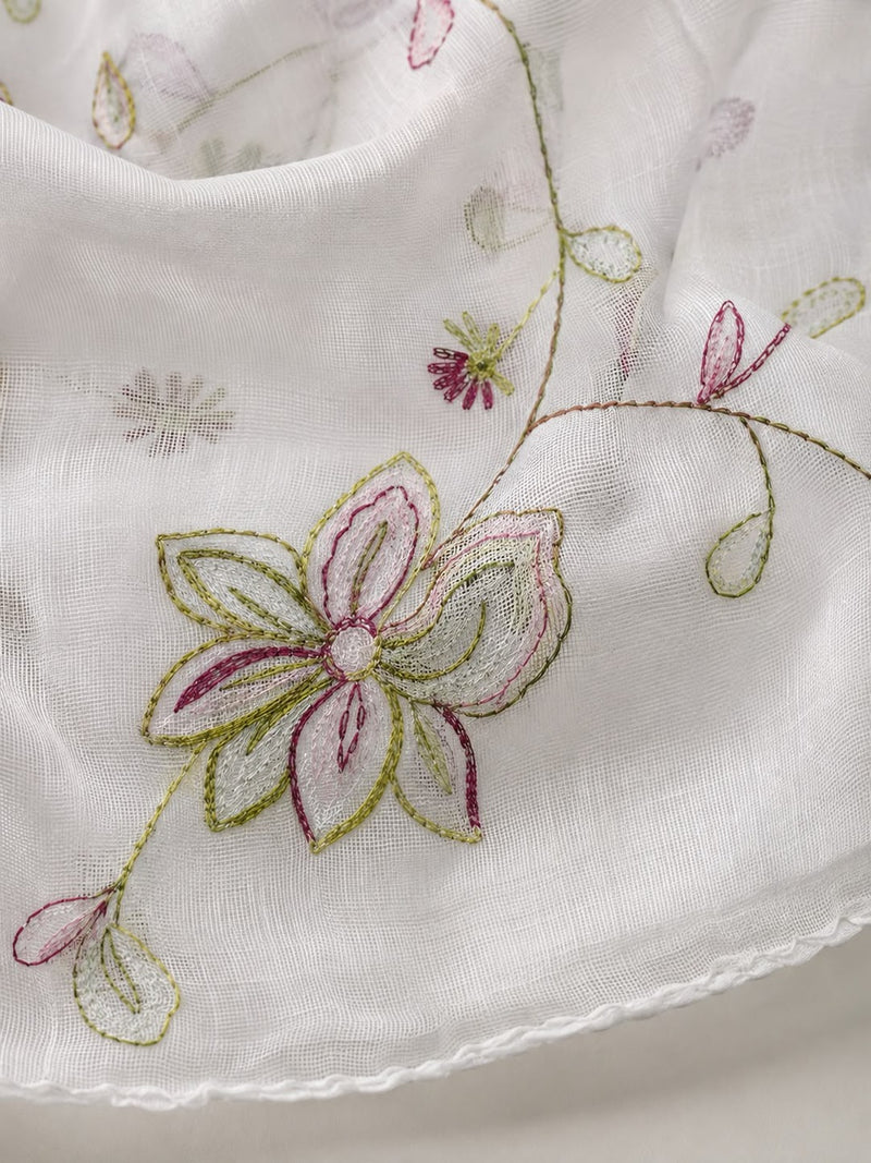 Women’s White Malmal Cotton Dupatta with Multicolor Floral Thread Work | Soft Lightweight Embroidered Dupatta