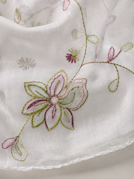 Women’s White Malmal Cotton Dupatta with Multicolor Floral Thread Work | Soft Lightweight Embroidered Dupatta