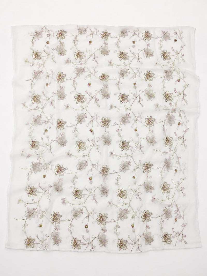 Women’s White Malmal Cotton Dupatta with Multicolor Floral Thread Work | Soft Lightweight Embroidered Dupatta