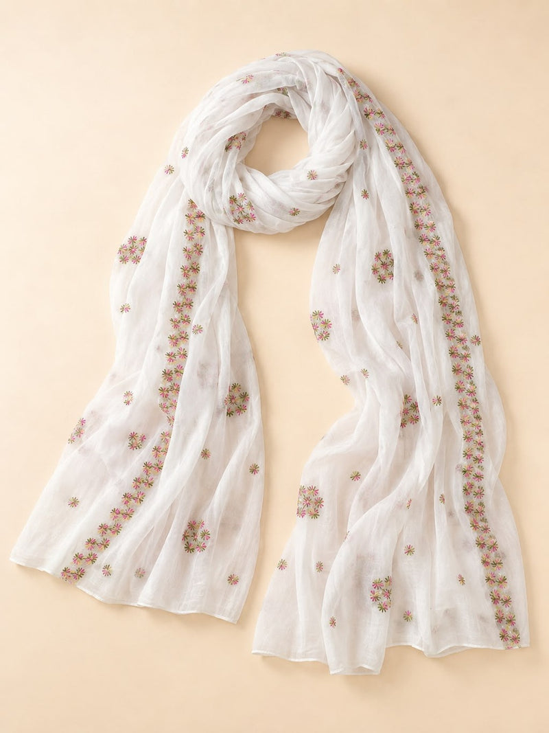 Women’s White Pure Cotton Malmal Dupatta with Multicolor Floral Thread Embroidery | Lightweight Ethnic Dupatta
