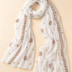 Women’s White Pure Cotton Malmal Dupatta with Multicolor Floral Thread Embroidery | Lightweight Ethnic Dupatta