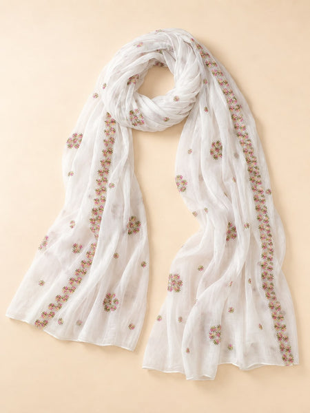 Women’s White Pure Cotton Malmal Dupatta with Multicolor Floral Thread Embroidery | Lightweight Ethnic Dupatta