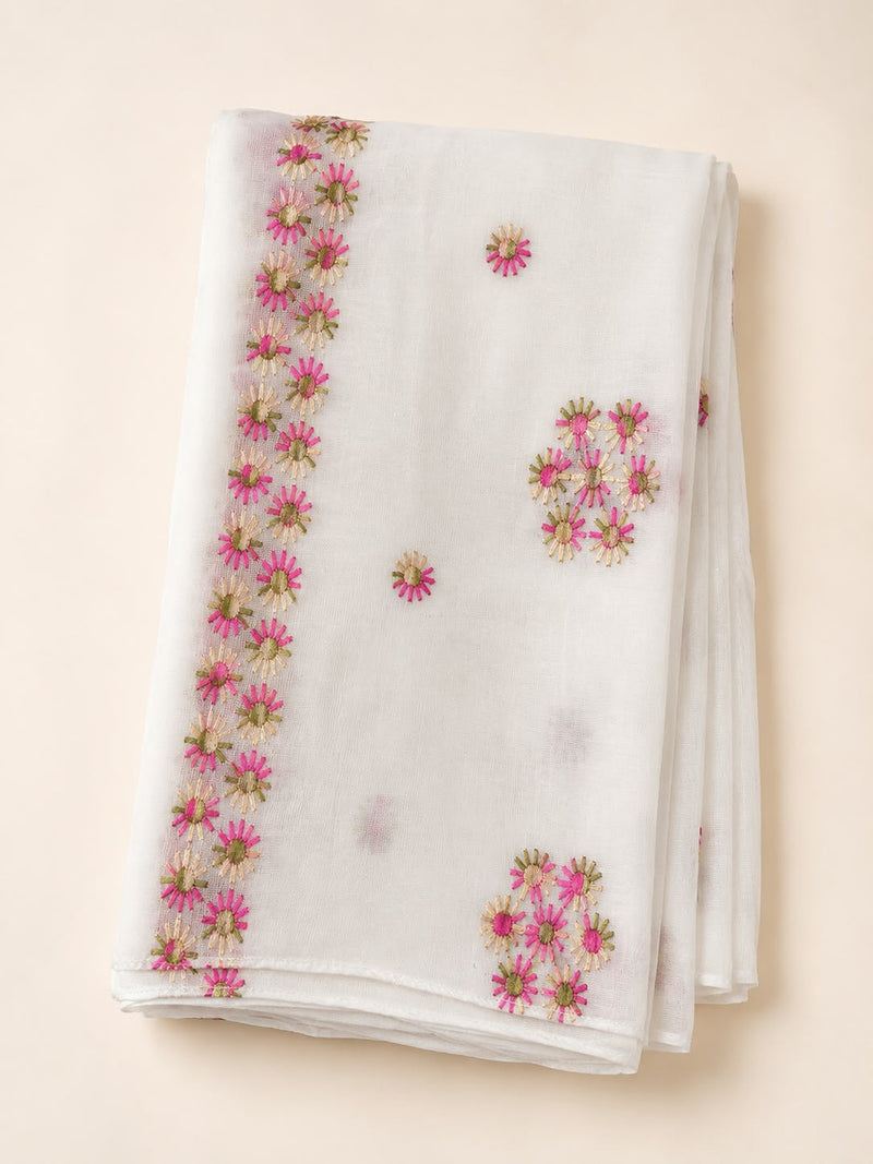 Women’s White Pure Cotton Malmal Dupatta with Multicolor Floral Thread Embroidery | Lightweight Ethnic Dupatta