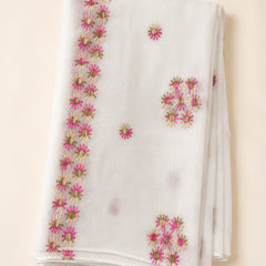 Women’s White Pure Cotton Malmal Dupatta with Multicolor Floral Thread Embroidery | Lightweight Ethnic Dupatta