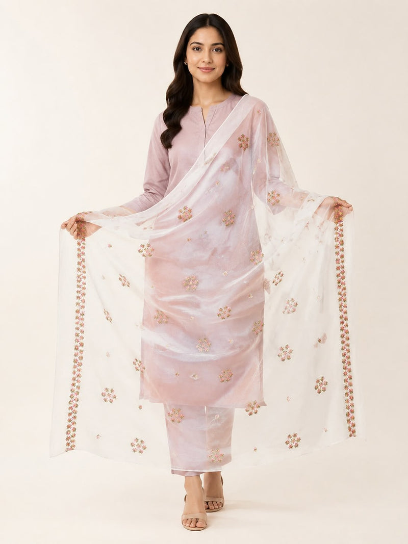 Women’s White Pure Cotton Malmal Dupatta with Multicolor Floral Thread Embroidery | Lightweight Ethnic Dupatta