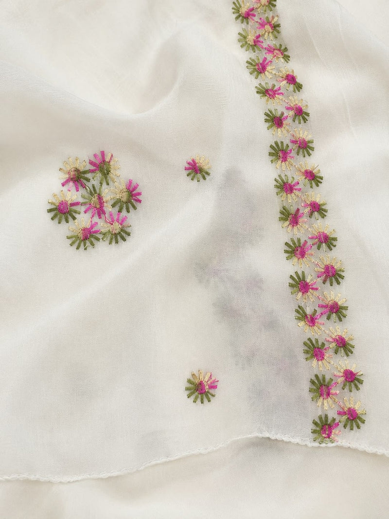 Women’s White Pure Cotton Malmal Dupatta with Multicolor Floral Thread Embroidery | Lightweight Ethnic Dupatta
