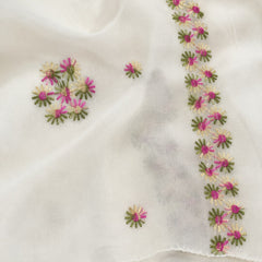 Women’s White Pure Cotton Malmal Dupatta with Multicolor Floral Thread Embroidery | Lightweight Ethnic Dupatta