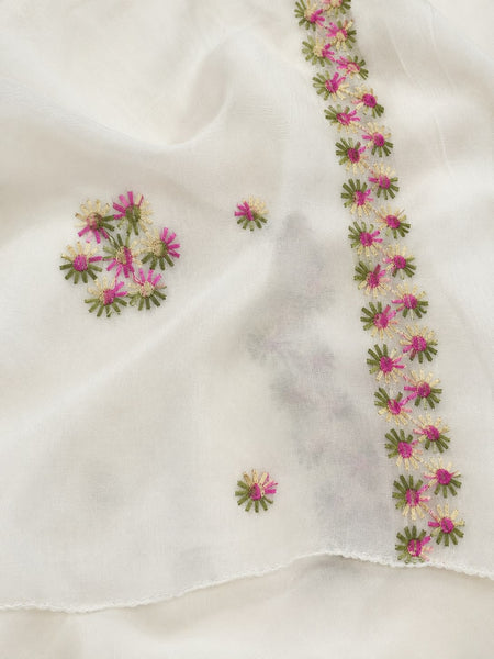 Women’s White Pure Cotton Malmal Dupatta with Multicolor Floral Thread Embroidery | Lightweight Ethnic Dupatta