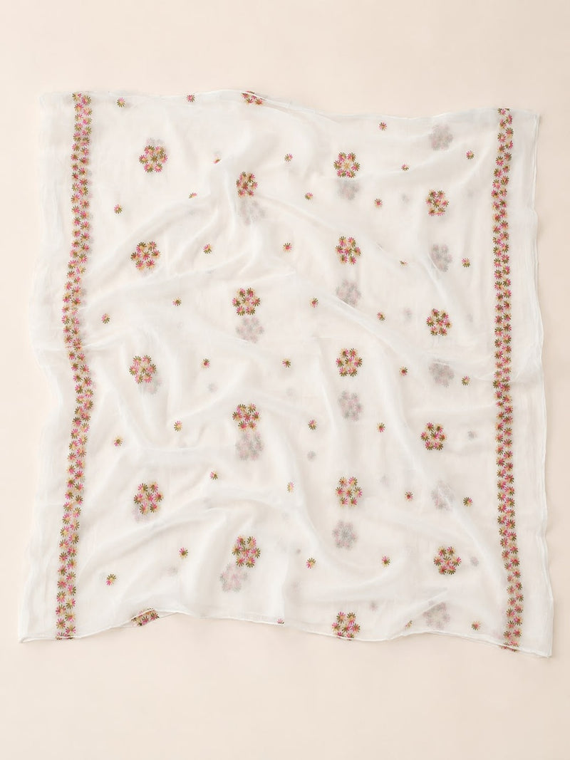 Women’s White Pure Cotton Malmal Dupatta with Multicolor Floral Thread Embroidery | Lightweight Ethnic Dupatta