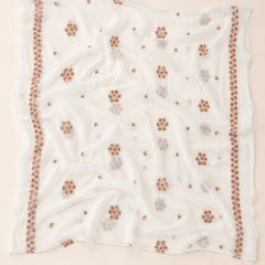 Women’s White Pure Cotton Malmal Dupatta with Multicolor Floral Thread Embroidery | Lightweight Ethnic Dupatta