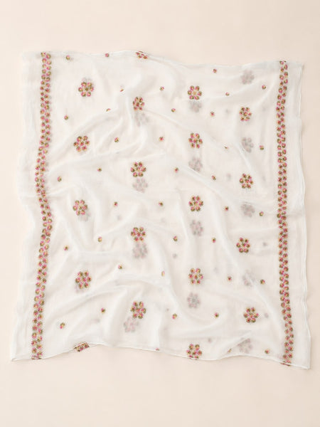 Women’s White Pure Cotton Malmal Dupatta with Multicolor Floral Thread Embroidery | Lightweight Ethnic Dupatta