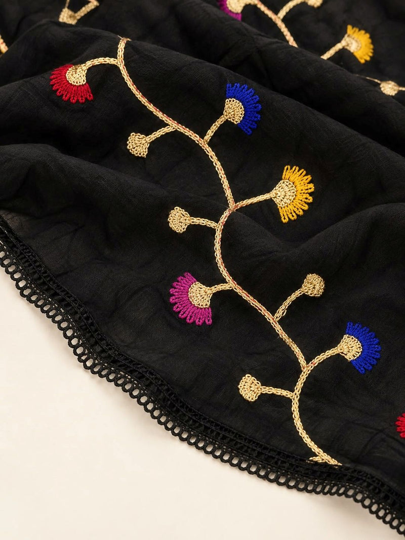 Black Cotton Dupatta with Multicolour Thread Work