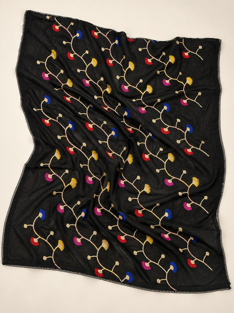 Black Cotton Dupatta with Multicolour Thread Work